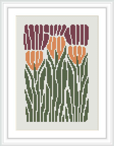 The image displays a cross stitch pattern of three stylized tulips with long, leafy stems against a white background, framed within a square border.