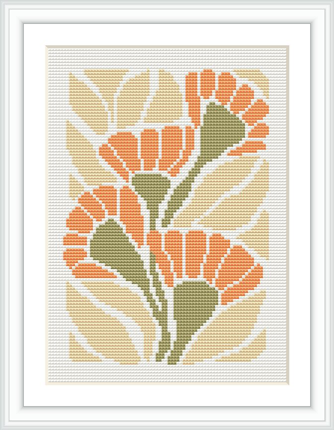 The image displays a framed cross stitch embroidery pattern that features a bouquet of orange flowers with green leaves on a cream background.