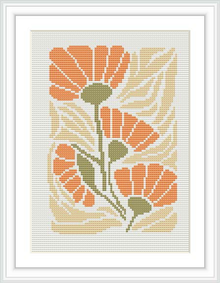 The image displays a framed cross stitch pattern depicting orange flowers with green stems on a cream background, using a combination of half and full stitches to create the design.