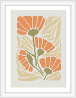 The image displays a framed cross stitch pattern depicting orange flowers with green stems on a cream background, using a combination of half and full stitches to create the design.