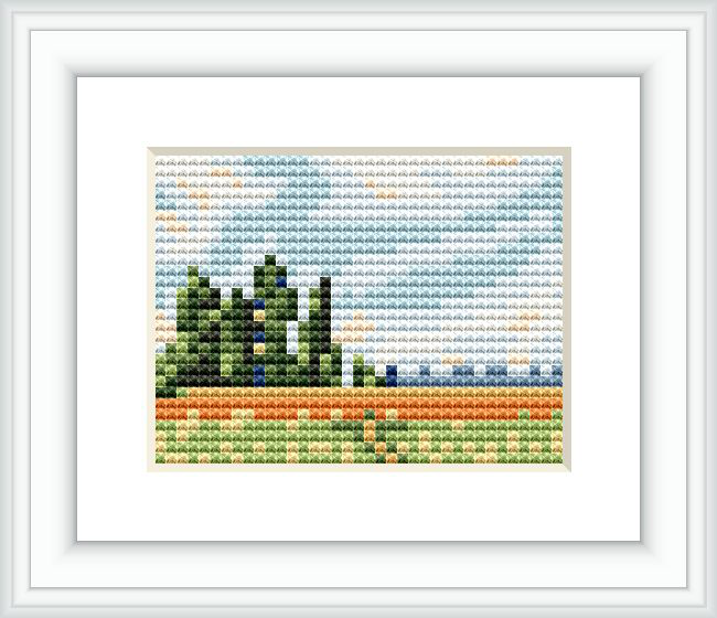 The image features a stitched representation of a wheat field with standing trees and open skies, encapsulating the essence of a serene, idyllic landscape.