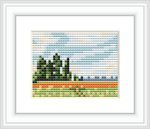 The image features a stitched representation of a wheat field with standing trees and open skies, encapsulating the essence of a serene, idyllic landscape.