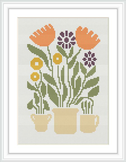 A framed cross stitch pattern depicting assorted flowers in different shades, arranged in two plain pots and set against a white background.