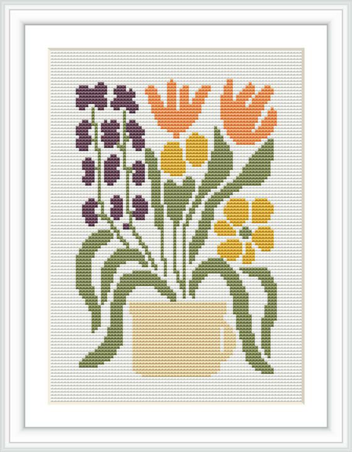 The image displays a cross stitch pattern showing a flowerpot with a collection of flowers in different colors such as purple, orange, and yellow. The pot is centered in the composition and is surrounded by greenery.