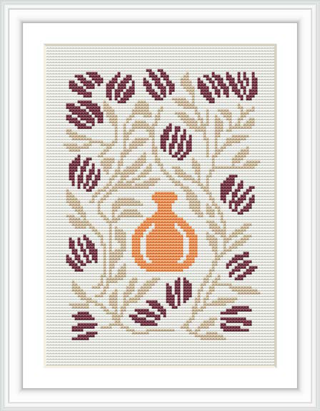 The pattern depicts a central burnt orange vase with surrounding foliage in beige and deep maroon on an ivory background.