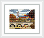 This cross stitch pattern features a stylized representation of the Eiffel Tower set against a backdrop of rolling hills and a vibrant, cloud-filled sky, with a foreground that suggests an urban landscape.