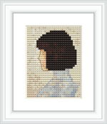 The image features a framed cross stitch pattern depicting a side profile of a female subject against a patterned background on a light-colored canvas.