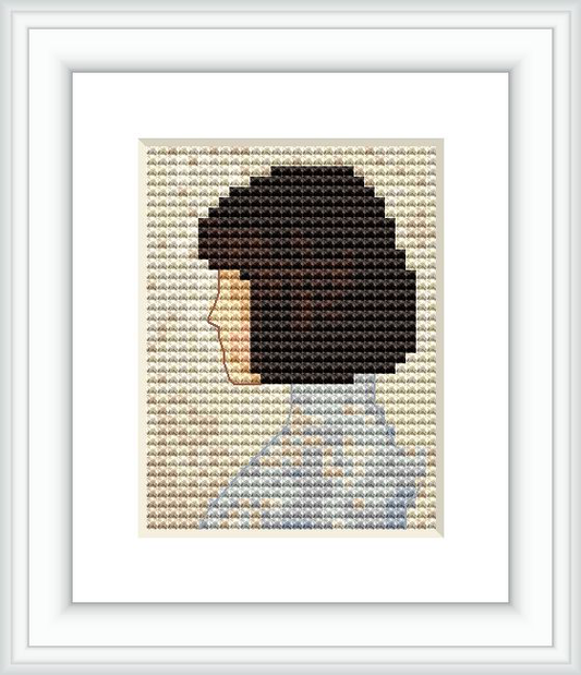 The image features a framed cross stitch pattern depicting a side profile of a female subject against a patterned background on a light-colored canvas.