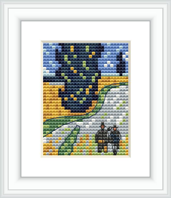 The cross stitch pattern portrays a nighttime scene with a cypress tree towering on the left, a starry sky above, a winding path through the fields, and two small figures at the bottom right-corner, suggesting they may be walking along the road.