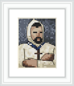 A cross stitch pattern depicting a male figure presumed to be Antoine Dominique Sauveur Aubert. The figure is wearing a hooded garment with a white collar and has a beard.