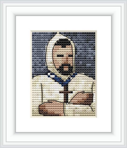 A cross stitch pattern depicting a male figure presumed to be Antoine Dominique Sauveur Aubert. The figure is wearing a hooded garment with a white collar and has a beard.