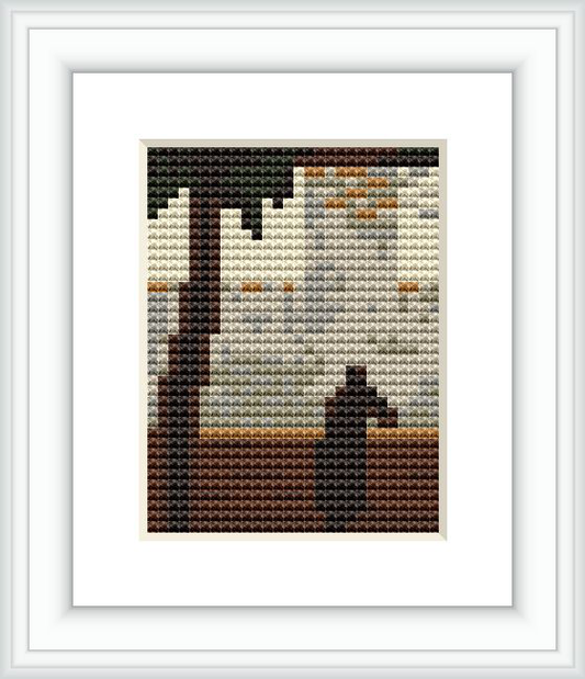 The cross stitch shows a person's silhouette standing next to a parapet, looking outward, evoking a sense of solitude and contemplation. It is set against a light background with subtle colored accents and a dark tree trunk to the left.