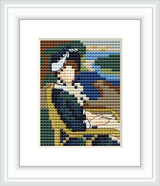 The cross stitch pattern depicts a person seated by the seashore, gazing contemplatively at an open book on their lap. The background features the sea alongside trees and sky.