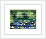 The image depicts a serene landscape with a bridge crossing over a body of water, which appears pixelated due to the cross stitch technique. The bridge is placed centrally, surrounded by greenery and blue water below.