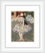 A cross stitch depiction of a ballet dancer in a tutu, most likely during a performance or rehearsal, surrounded by what could be impressions of a stage environment.