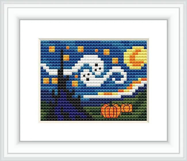 The image shows a framed cross-stitch pattern featuring a Halloween-themed adaption of Van Gogh's 'Starry Night'. There are pumpkins at the foreground, a swirling night sky filled with stars, and a crescent moon in the background.