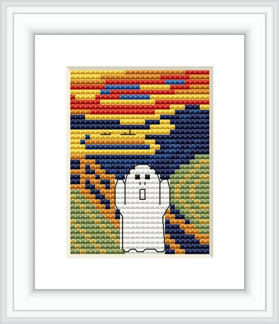 The image displays a framed cross stitch pattern that mimics Edvard Munch's 'The Scream', with a figure standing on a bridge under a swirling sky.