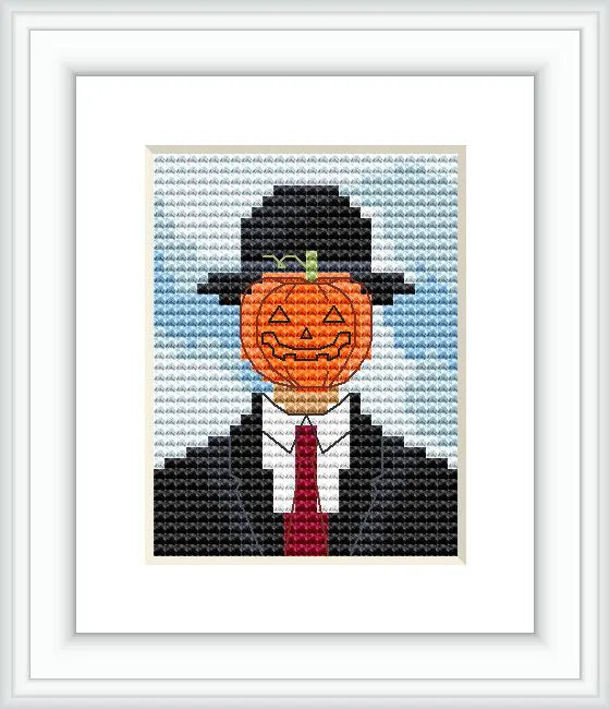 The image features a cross stitch pattern that portrays a figure in a suit with a pumpkin as a head, reminiscent of 'The Son of Man' painting, surrounded by a subtle blue gradient background. The figure wears a black suit, white shirt, and red tie, and the pumpkin head has a carved face with a whimsical expression.