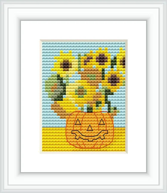 The pattern displays a cheerful jack-o'-lantern filled with vibrant sunflowers against a light blue streaked background, symbolizing a clear autumn sky.