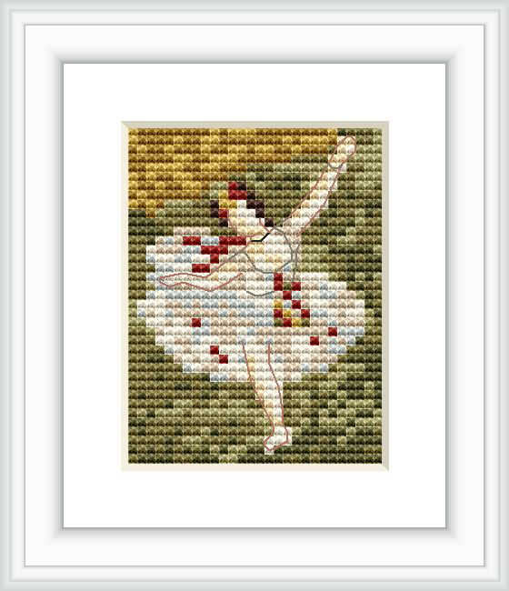 The image features a pixelated cross stitch pattern representation of a ballet dancer. The dancer is in a twirling motion, wearing a tutu. The background consists of muted colors, and the pattern is framed within a white border, enclosed in a square frame.