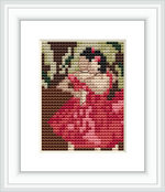 The image depicts a ballet dancer in a pink dress with floral accents, positioned against a backdrop that resembles a stage with hints of greenery, all in the style of a cross stitch pattern.