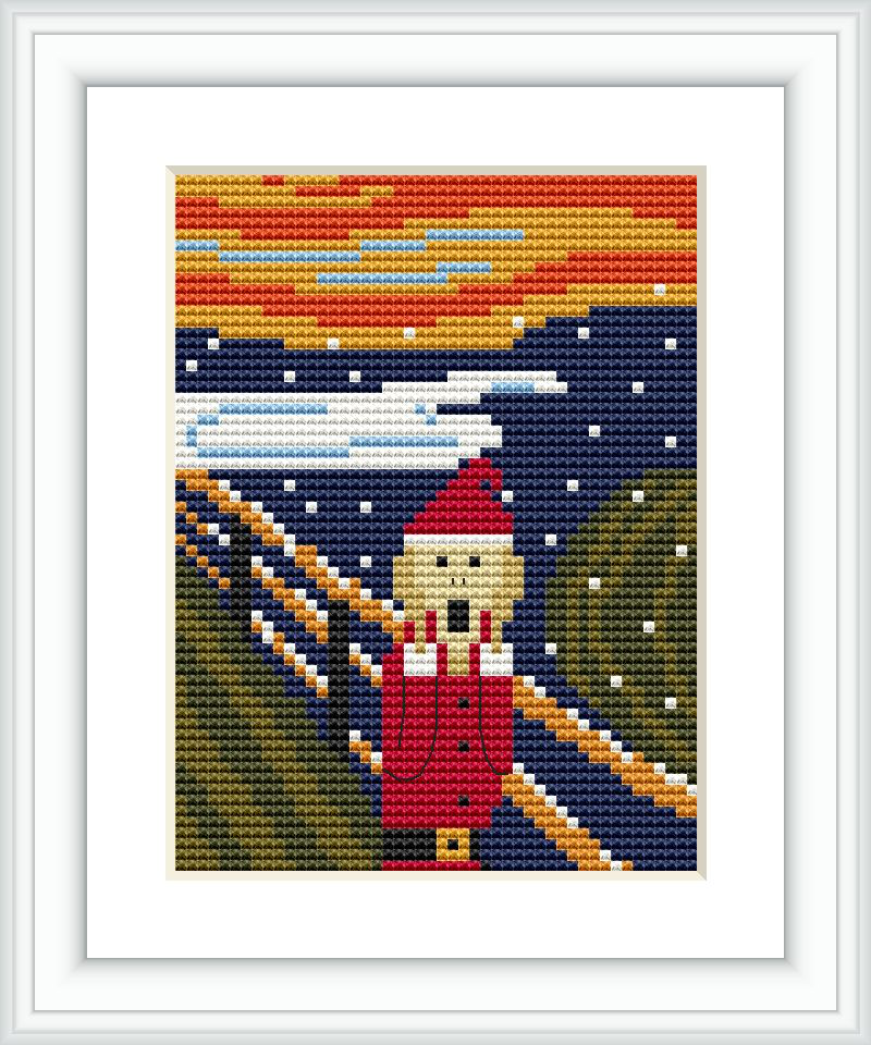 The image portrays a cross-stitch pattern of a figure resembling the central character from Edvard Munch's 'The Scream' painting, dressed in a Santa-like outfit. The background consists of a stylized wavy pattern resembling the original painting's setting, with a mix of warm and cool colors.