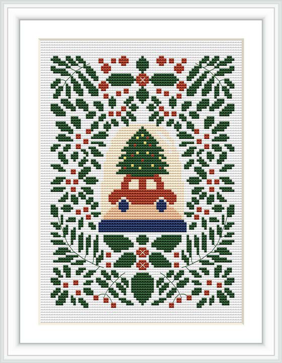 The image shows a cross stitch pattern featuring a central design of a vintage car with a Christmas tree on top, surrounded by a decorative border composed of geometric shapes and Christmas foliage.