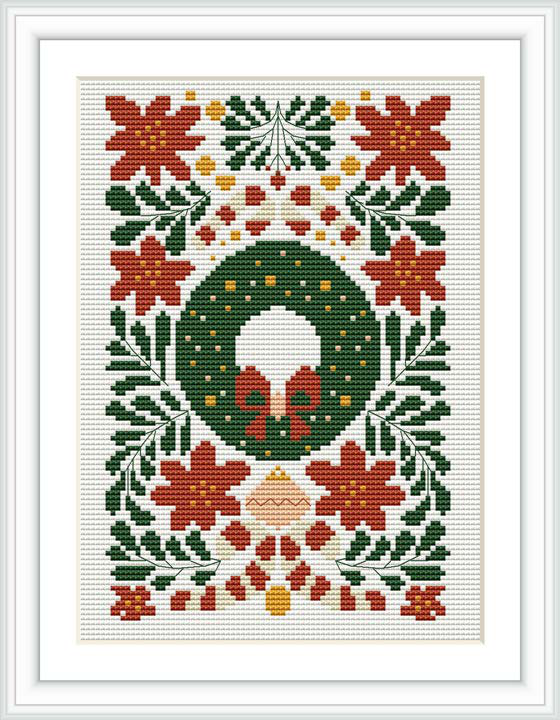 The cross stitch design features a central green wreath with a pair of red mittens. It's surrounded by symmetrical patterns of red poinsettias and pine branches, some with yellow and gold berries and ornaments. The backdrop is white.