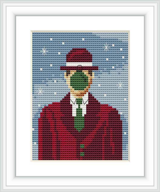 The pattern depicts a stylized portrait of a male figure wearing a red coat, green tie, and red hat against a blue background filled with falling snowflakes.