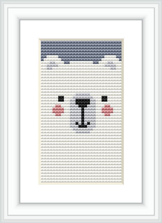 The image showcases a framed cross stitch pattern featuring a stylized bear face with a simple and clean look, centered on a white background within a black frame.