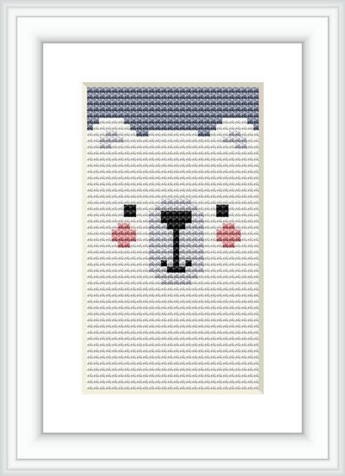 The image showcases a framed cross stitch pattern featuring a stylized bear face with a simple and clean look, centered on a white background within a black frame.