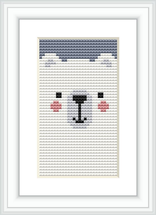 The image showcases a framed cross stitch pattern featuring a stylized bear face with a simple and clean look, centered on a white background within a black frame.