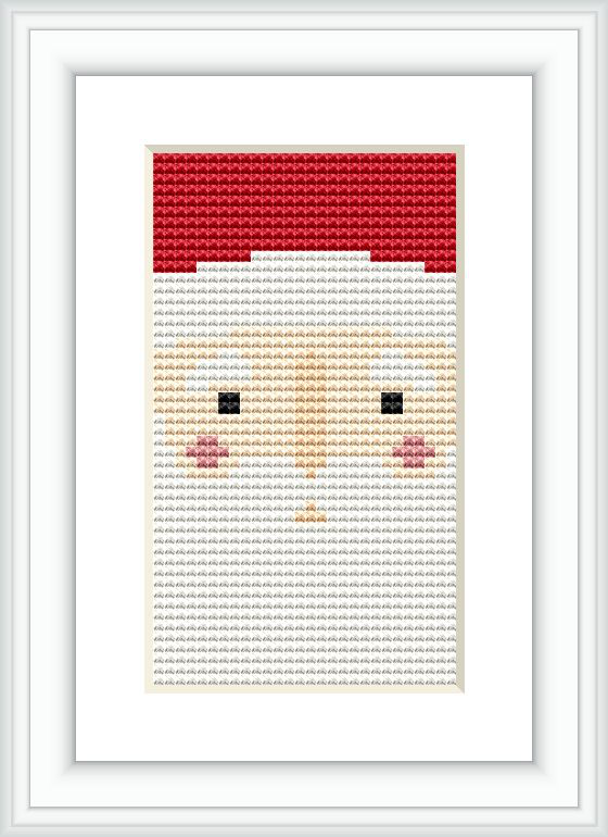 The image displays a cross stitch pattern of Santa Claus's face. The pattern is composed of a red hat at the top, followed by a section representing the face in shades of beige, with simple black and pink details for the eyes and cheeks.