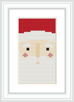 The image displays a cross stitch pattern of Santa Claus's face. The pattern is composed of a red hat at the top, followed by a section representing the face in shades of beige, with simple black and pink details for the eyes and cheeks.