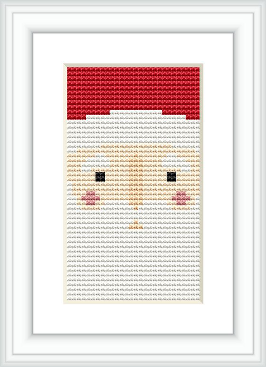 The image displays a cross stitch pattern of Santa Claus's face. The pattern is composed of a red hat at the top, followed by a section representing the face in shades of beige, with simple black and pink details for the eyes and cheeks.