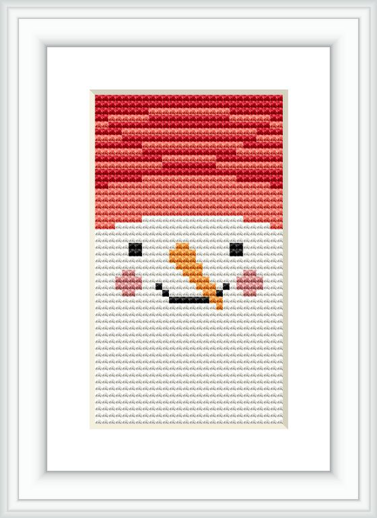 The image showcases a framed cross stitch pattern depicting a minimalistic snowman against a red background that fades to white at the bottom. The snowman has black eyes, a black mouth, and an orange carrot-like nose.