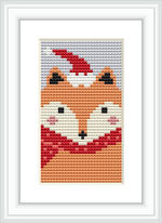 A cross stitch pattern depicting a stylized fox framed in a white border. The fox is centrally located and consists of pixelated embroidery stitches in colors such as orange, white, and red with a grey background.