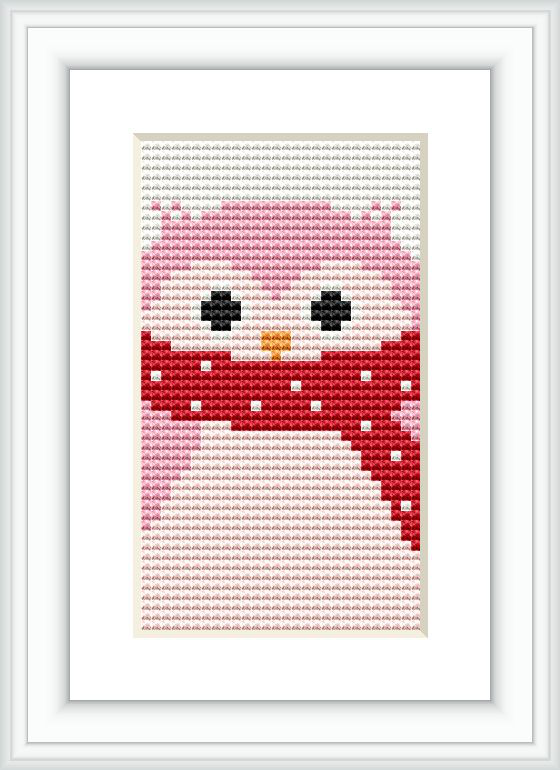 The image displays a framed cross stitch pattern of a penguin in a red scarf. The background is primarily white and beige, and shades of pink are used for the penguin's body.