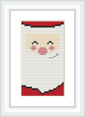 This is a framed cross stitch pattern showing an abstract pixelated representation of Santa Claus with a focus on his smile, bordered with a classic red color mimicking a Santa hat at the top and bottom.