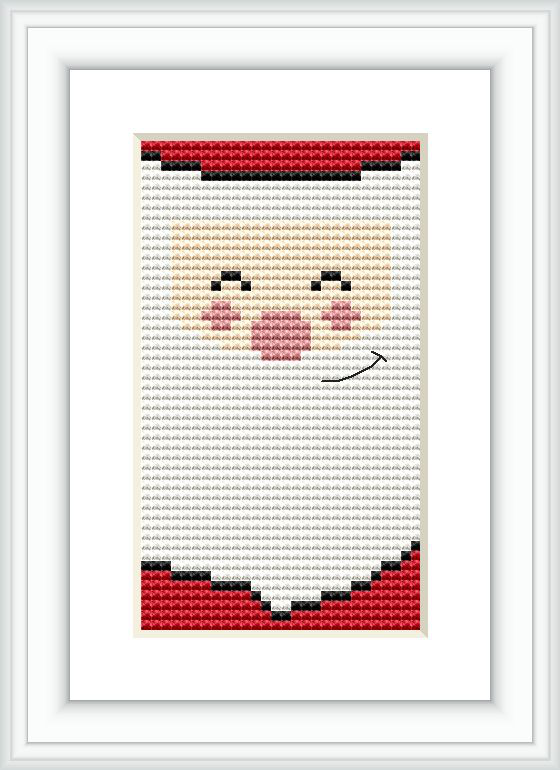 This is a framed cross stitch pattern showing an abstract pixelated representation of Santa Claus with a focus on his smile, bordered with a classic red color mimicking a Santa hat at the top and bottom.