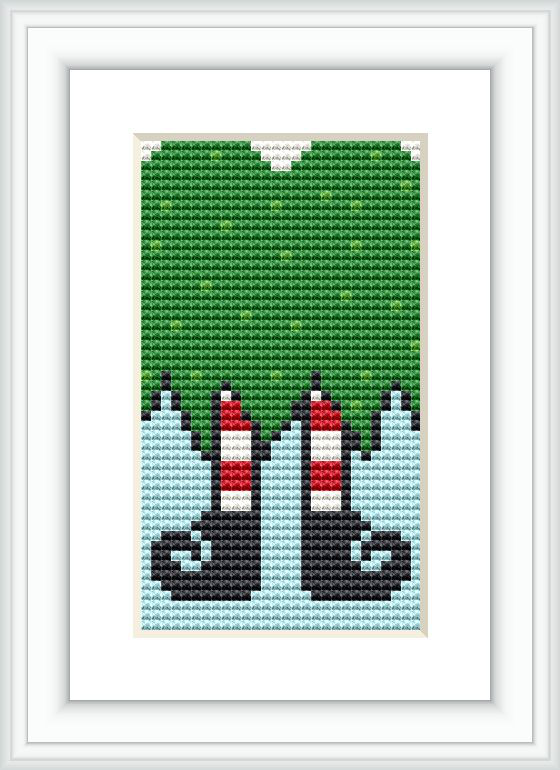 The image presents a cross-stitch pattern featuring the bottom half of two gnomes against a blue and green background, showcasing their iconic red conical hats and black boots.