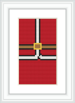 The image displays a framed cross stitch pattern of Santa's suit. The suit is depicted in a minimalist style, predominantly red with accents of gold, black, and white. It resembles the central portion of Santa's outfit, featuring a distinct belt with a golden buckle.