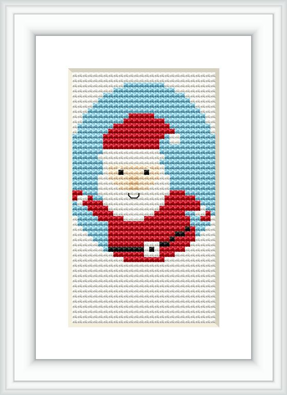 The image shows a framed cross stitch pattern of Santa Claus with a blue background, primarily featuring Santa in a red suit and white beard.