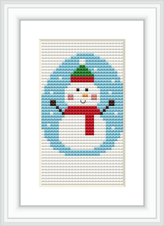 The image shows a completed cross stitch pattern of a snowman framed in white. The snowman has a green hat, a red scarf, and is set against a blue and white background that suggests falling snow.