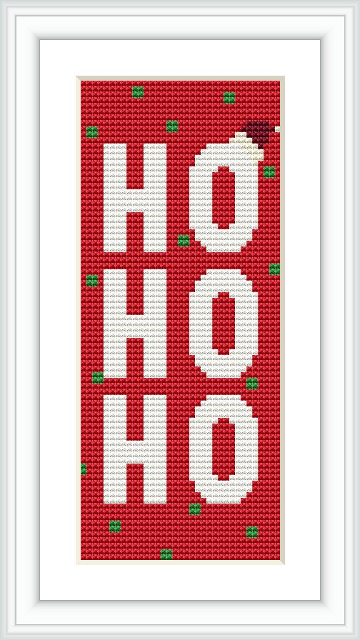 The image portrays a red cross stitch pattern bookmark framed in white, featuring the repeated phrase 'Ho Ho Ho', where each 'Ho' is stacked vertically. The letters are in white, outlined in black for contrast, and embellished with small green holly motifs at each corner.