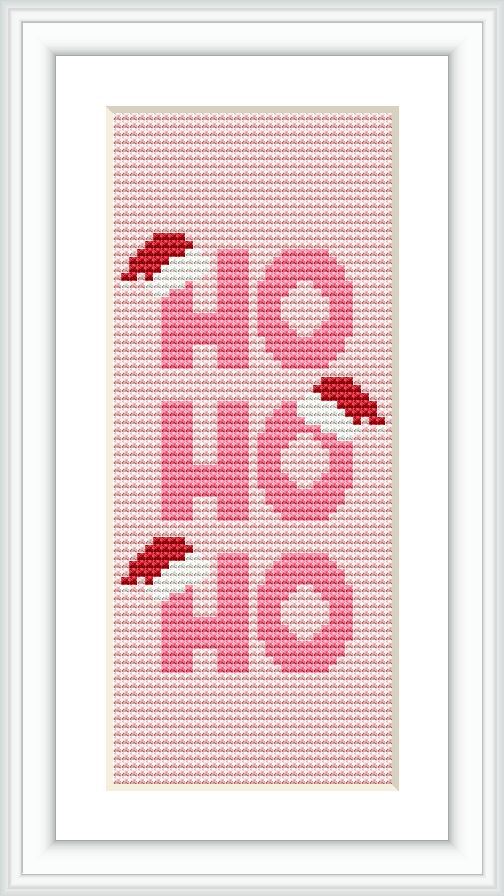 The image displays a framed cross stitch pattern featuring the phrase 'HO HO HO' in capital letters, with Santa hats atop the letter 'H'. The background is a gradient of white to pink.