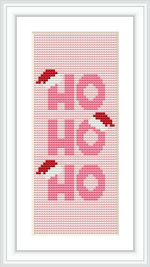 The image displays a framed cross stitch pattern featuring the phrase 'HO HO HO' in capital letters, with Santa hats atop the letter 'H'. The background is a gradient of white to pink.