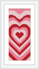 The image showcases a framed cross stitch piece of a heart-themed bookmark with a gradient of reds and pinks against a white background.