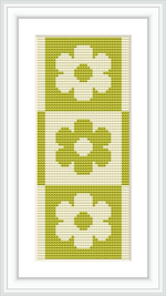 The image showcases a framed cross stitch pattern of a bookmarker featuring repeating floral motifs in varying shades of green against a white background.