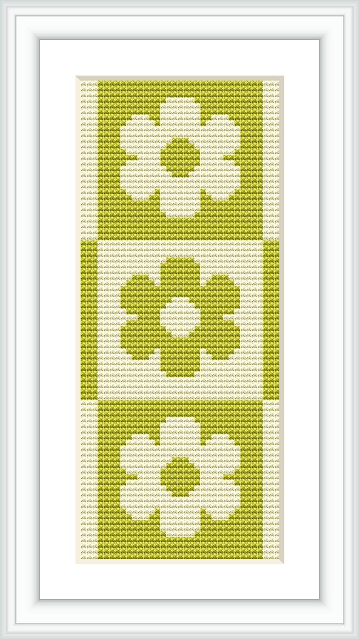 The image showcases a framed cross stitch pattern of a bookmarker featuring repeating floral motifs in varying shades of green against a white background.